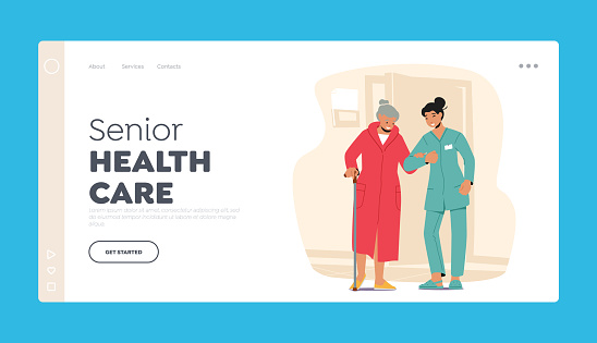 Senior Health Care Landing Page Template. Social Worker Care of Sick Senior. Nurse or Volunteer Medic Help to Old Woman