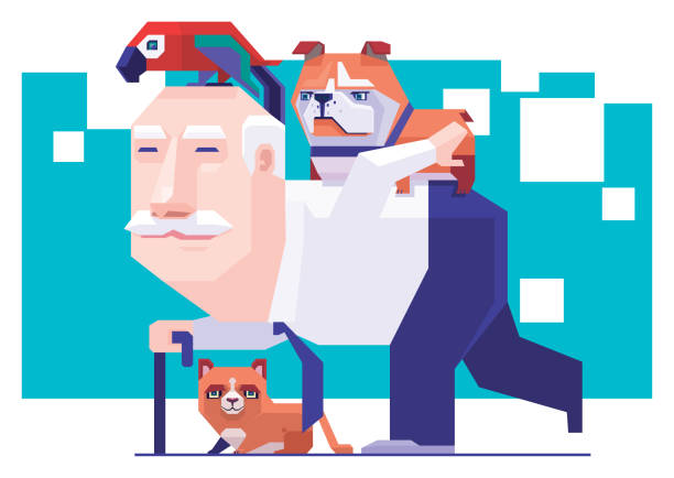 stockillustraties, clipart, cartoons en iconen met senior man carrying dog with parrot and cat - piggyback funny