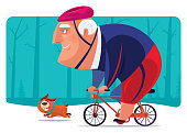 vector illustration of senior man cycling with dog