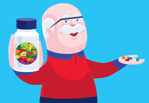senior man holding vitamin bottle and pills
