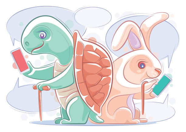 illustrazioni stock, clip art, cartoni animati e icone di tendenza di tartaruga anziana che chatta con il coniglio tramite smartphone - tartarughe