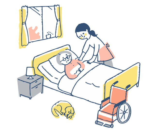 illustrations, cliparts, dessins animés et icônes de une femme âgée dormant dans un lit d’allaitement et une femme d’aide - soin a domicile service