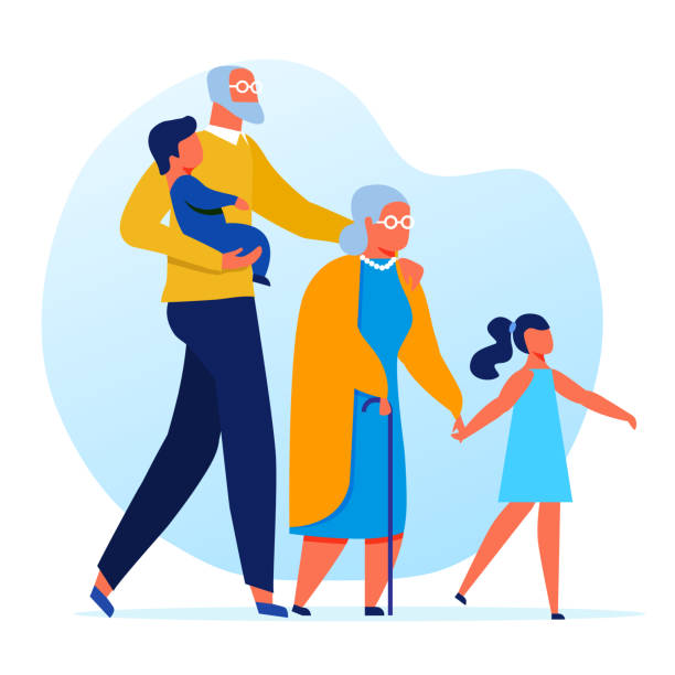 Seniors with Grandkids Flat Vector Illustration Seniors with Grandkids Flat Vector Illustration. Grandparents and Grandchildren Cartoon Characters. Elderly Couple with Little Children on Walk. Old Man Holding Toddler. Happy Family Recreation family clipart stock illustrations