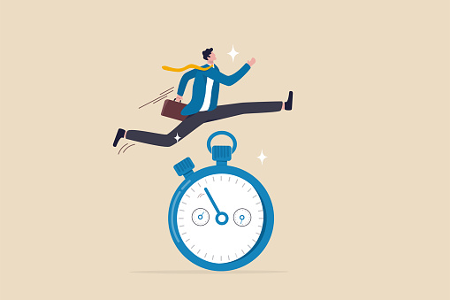 Sense of urgency, quick response attitude to get work done as soon as possible now, reaction to priority task or important concept, fast businessman running and jump high over countdown timer clock.