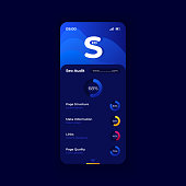 Seo audit service smartphone interface vector template. Mobile app page dark blue design layout. Page structure and meta info track screen. Flat UI for application. Search optimization. Phone display