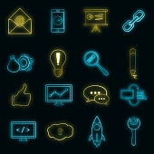 Seo icons in neon style. Marketing set collection isolated vector illustration