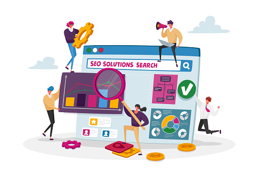 Seo Solutions and Business Data Analysis Concept. Tiny Characters Research Marketing Strategy, Analyzing Financial Statistics Data Charts on Huge Device, Analytics. Cartoon People Vector Illustration