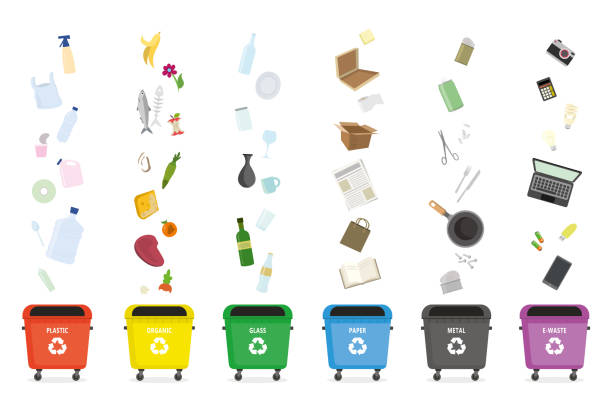 Separate garbage collection.Different trash bins for each type of garbage.Educational banner or design template Separate garbage collection.Different trash bins for each type of garbage.Educational banner or design template. Cartoon vector illustration garbage stock illustrations