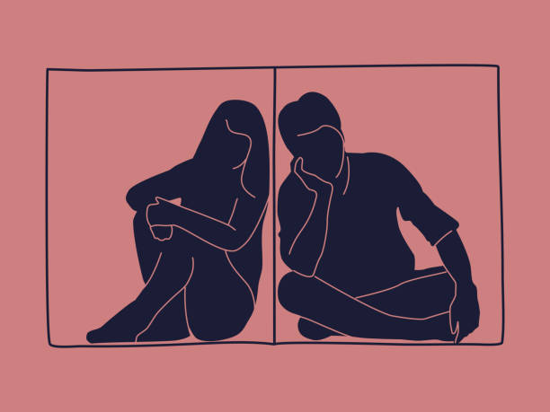 Separated couple Divorce illustration concept. Separated by a wall couple. A man and a woman split up in isolation. Vector. divorce drawings stock illustrations