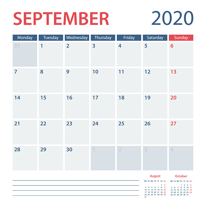 2020 September Calendar Planner Vector Template. Week starts Monday