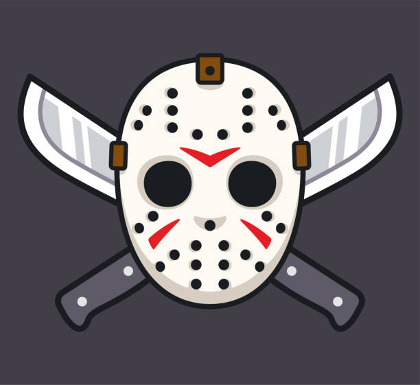 Serial killer hockey mask with two machetes Serial killer hockey mask with two machetes, Halloween or Friday 13 horror drawing. Cartoon vector illustration. friday the 13th stock illustrations
