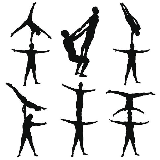 Series of acrobatics in black and white Collection of acrobats in different posture. Zip contains AI and hi-res jpeg. gymnastic silhouette stock illustrations