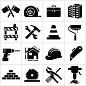 Black construction icons. White areas are cut away from illustrations and black areas merged.