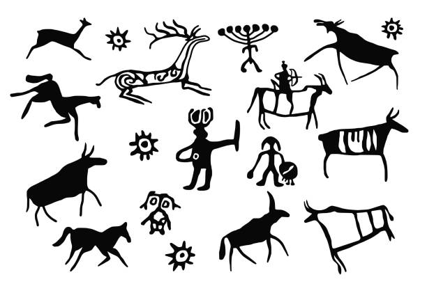 eine serie von petroglyphen, felsmalereien von sibirien - felszeichnung oder höhlenmalerei stock-grafiken, -clipart, -cartoons und -symbole