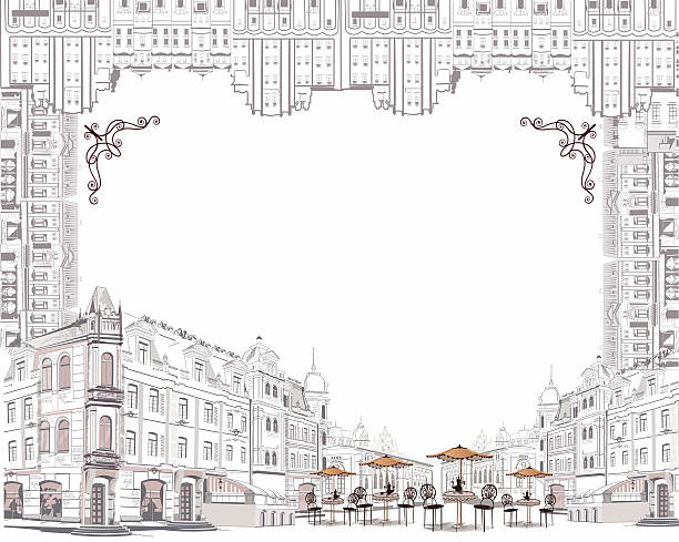 illustrations, cliparts, dessins animés et icônes de série de croquis de belle vue sur la ville ancienne avec cafés - immeuble paris