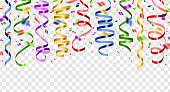 Colorful serpentine and confetti isolated on transparent background. Vector illustration. Shiny ribbons set for holiday design