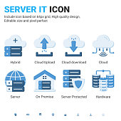 Server IT and technology icon set. Editable size. With flat color style on isolated white background. Server IT icon set contains such icons as cloud, hybrid, server, hardware, on premise and other