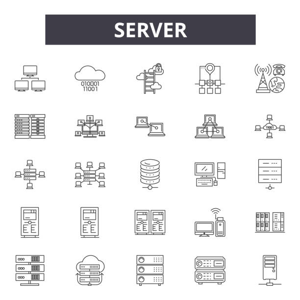 значки строки сервера, знаки, набор векторов, линейная концепция, иллюстрация контуров - data center stock illustrations