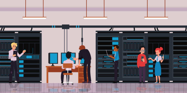 serwerownia lub centrum danych z pracownikami technologicznymi płaską ilustracją wektorową. - data center stock illustrations