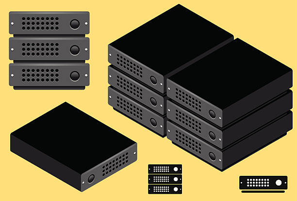 Servers - Front, isometric and icon Some vector design elements of a server: isometric, icons and frontal panel. hard drive stock illustrations
