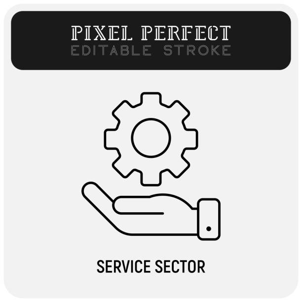 Service sector thin line icon. Human hand with cogwheel. Technical support, improvement, settings, engineering. Pixel perfect, editable stroke. Vector illustration. vector art illustration