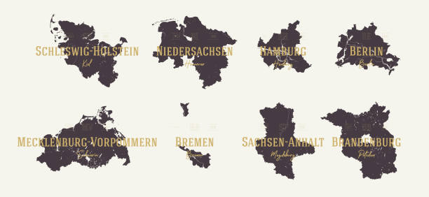 이름과 자본이 있는 독일의 2개의 매우 상세한 지도 벡터 실루엣 상태 중 1개 세트 - 브레멘 stock illustrations