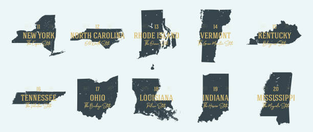 Set 2 of 5 Highly detailed vector silhouettes of USA state maps with names and territory nicknames Set 2 of 5 Highly detailed vector silhouettes of USA state maps with names and territory nicknames buffalo new york stock illustrations