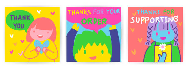 Set 3 of cute vivid colorful square cards with hand draw doodle line art in rainbow tone color . Idea for mini card, thank you card, lovely and adorable Set 3 of cute vivid colorful square cards with hand draw doodle line art in rainbow tone color . Idea for mini card, thank you card, lovely and adorable thank you kids stock illustrations