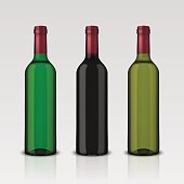 Set 3 realistic vector bottles of wine without labels isolated on white background. Design template, mockup. EPS10 illustration.
