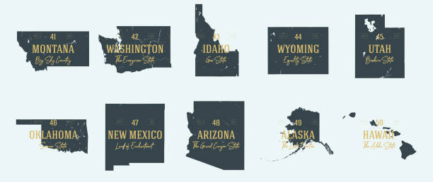 Set 5 of 5 Highly detailed vector silhouettes of USA state maps with names and territory nicknames Set 5 of 5 Highly detailed vector silhouettes of USA state maps with names and territory nicknames territorial animal stock illustrations