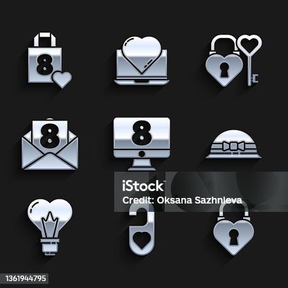 istock Set 8 March on monitore, Please do not disturb with heart, Castle in the shape of, Elegant women hat, Heart light bulb, Envelope, and key and Shopping bag icon. Vector 1361944795