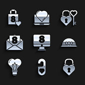 istock Set 8 March on monitore, Please do not disturb with heart, Castle in the shape of, Elegant women hat, Heart light bulb, Envelope, and key and Shopping bag icon. Vector 1361944795