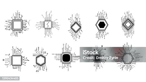 istock Set Abstract Collection Black Simple Line Cpu, Computer, Technology Doodle Outline Element Vector Design Style Sketch Isolated On White Background Illustration 1390434405