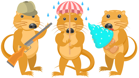 Set Abstract Collection Flat Cartoon Different Animal Muskrats, Desman Hunter With Gun, With Huge Ice Cream, With An Umbrella In The Rain Vector Design Style Elements Fauna Wildlife