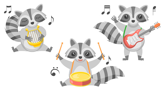 Set Abstract Collection Flat Cartoon  Different Animal Raccon Plays Lyre Guitar And Drum Vector Design Style Elements Fauna Wildlife Performance With Notes