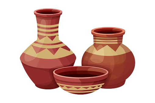 Set African pot, ceramic vase, craft tribal artifact in cartoon style isolated on white background. Collection amphora from clay, . Vector illustration