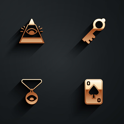 Set All-seeing eye of God Old magic key Medallion on chain with and Playing cards icon with long shadow. Vector.