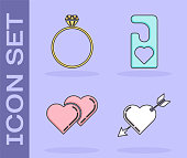 istock Set Amour symbol with heart and arrow, Diamond engagement ring, Two Linked Hearts and Please do not disturb with heart icon. Vector 1360329136