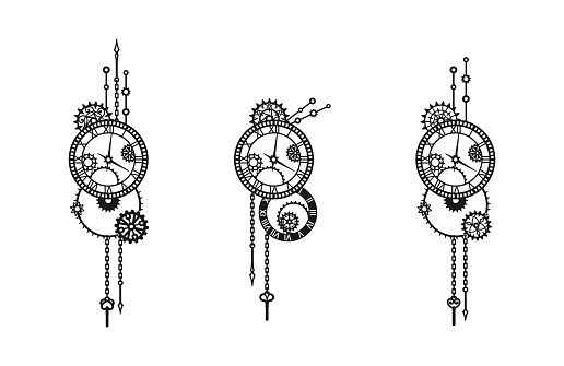 Set of black and white clocks with gears, cogwheels, chains and windup keys on a white background. Mechanism. Steampunk. Decorative elements for holiday greeting card, banner, poster, signage, label, laser and plotter cutting. Vector design template