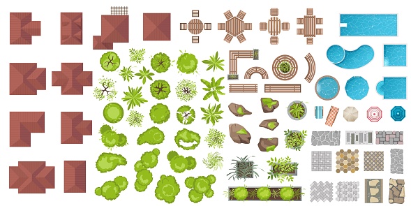 Set Architectoral and Landscape elements, top view. Collection of houses, plants, garden, trees, swimming pools, outdoor wooden furniture, tile. Flat vector. Tables, benches, chairs. View from above.