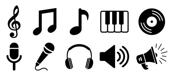 einstellen von audio-symbolen, gruppieren von notenzeichen – stockvektor - mikrofon stock-grafiken, -clipart, -cartoons und -symbole