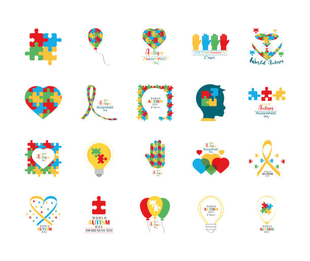 stockillustraties, clipart, cartoons en iconen met set autisme bewustzijn dag, puzzels hoofd kind hart hand ballon lint en lamp pictogram - ramos