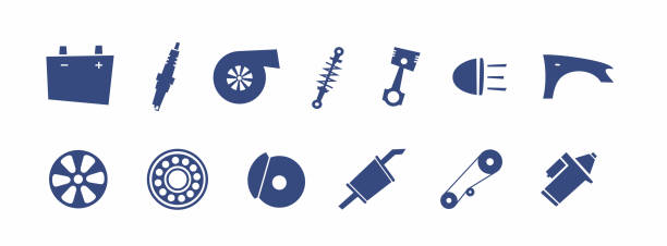 SVG set auto spare parts for car repair and service.  Vector illustration for plotter and laser cutting. SVG set auto car spare parts for car repair and service. Flat isolated templates vector illustration for plotter and laser cutting. Electrical, engine, auto body parts. Spark plug. Battery. svg stock illustrations