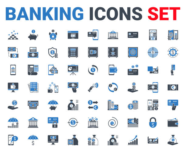 ilustraciones, imágenes clip art, dibujos animados e iconos de stock de establecer iconos bancarios glifo. para conceptos móviles y aplicaciones web. - banking