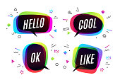 Set. Banner, speech bubble, poster and sticker concept, geometric style with text Hello, Cool, Ok and Like. Icon message speech bubble for banner, poster, web. White background. Vector Illustration