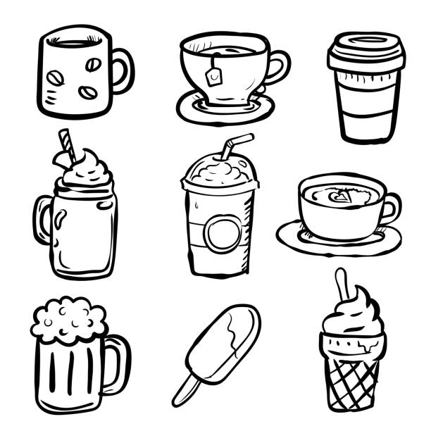 Set Baverages Doodle-Vector Hand drawn Set Baverages Doodle, hot drink, coffee, tea, beer, cup and icecream-Vector Hand drawn smoothie drawings stock illustrations