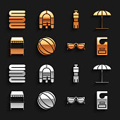 istock Set Beach ball, Sun protective umbrella for beach, Please do not disturb, Glasses, Street stall with awning, Bottle of water, Towel stack and Rafting boat icon. Vector 1359001859