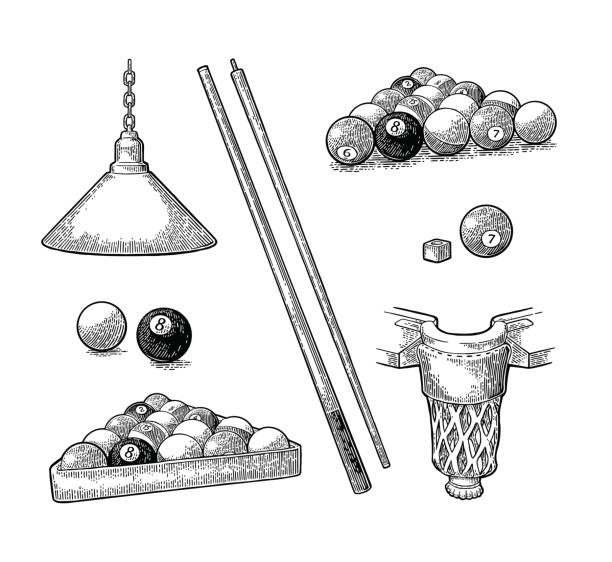 設置的檯球。棒、 球、 粉筆、 口袋和燈。老式黑雕刻 - 美式桌球 卓球 幅插畫檔、美工圖案、卡通及圖標
