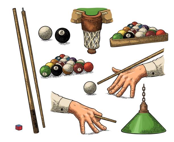 設置的檯球。棒、 球、 粉筆、 口袋和燈。老式黑雕刻 - 美式桌球 卓球 幅插畫檔、美工圖案、卡通及圖標