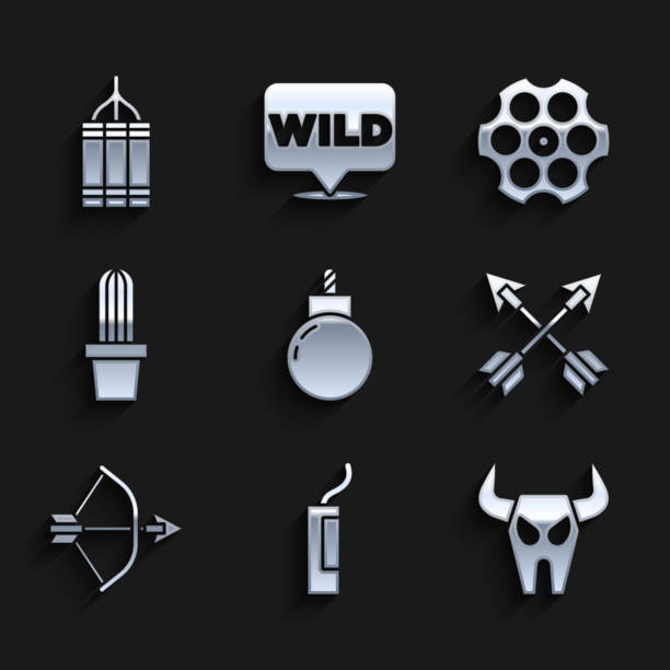 set bomb ready to explode, dynamite bomb, buffalo skull, crossed arrows, bow and in quiver, cactus peyote pot, revolver cylinder and icon. vector - buffalo shooting stock illustrations